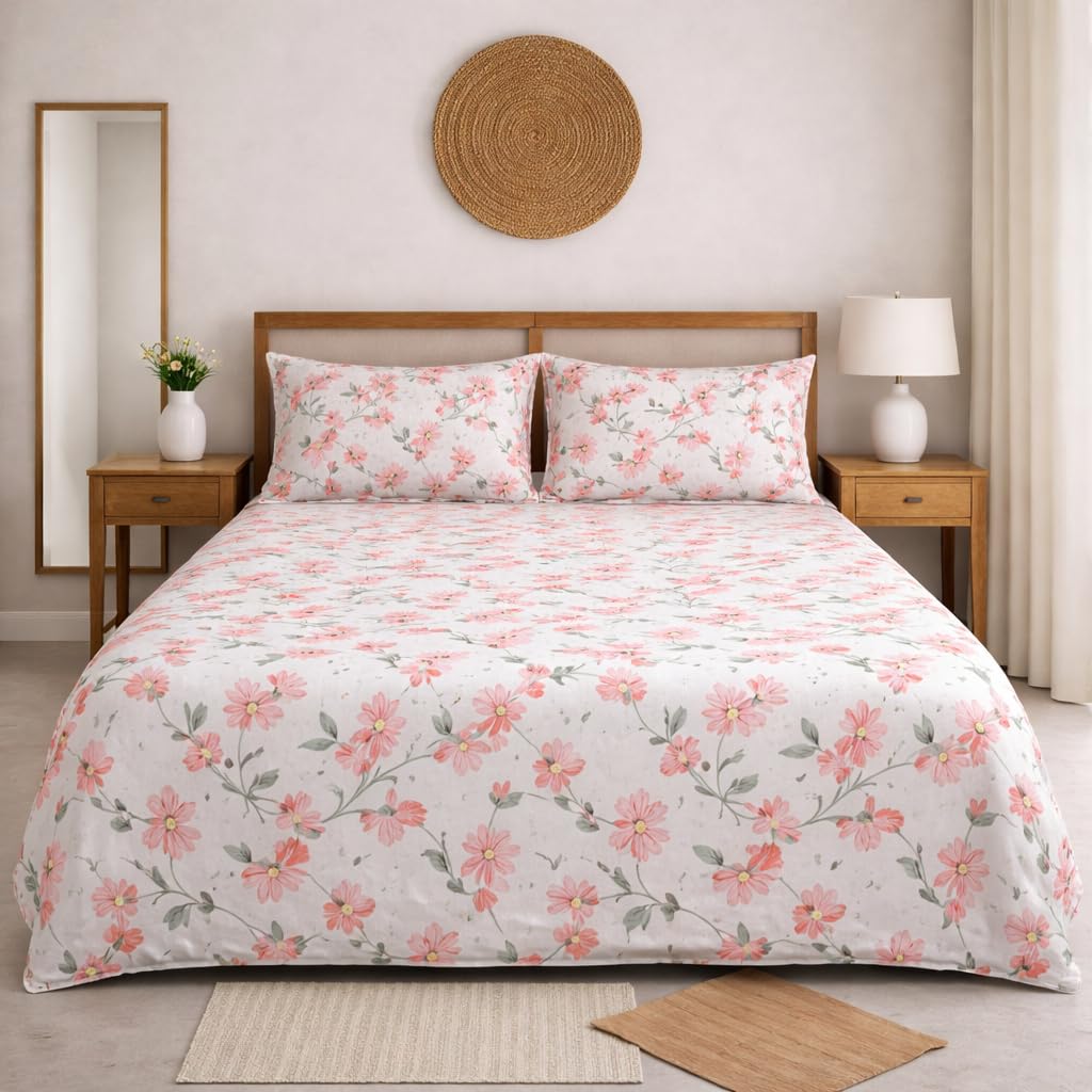 DECORUM Cloud Cotton Double Bedsheet Floral Print with 2 Pillow Covers | 244 TC | Ultra Soft Feel | Premium Comfort | Breathable & Skin Friendly | for Bedroom (90 x 90 Inches)
