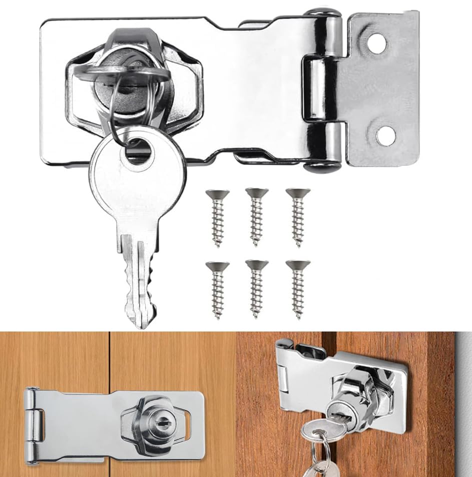 Keyed Hasp Lock 3 inch Hasp and Staple with Padlock Silver Door Latch Hasps Twist Knob shed Door Locks Zinc Alloy Keyed LockingGate Lock with Keys for Cupboard Cabinets Gate Wardrobe
