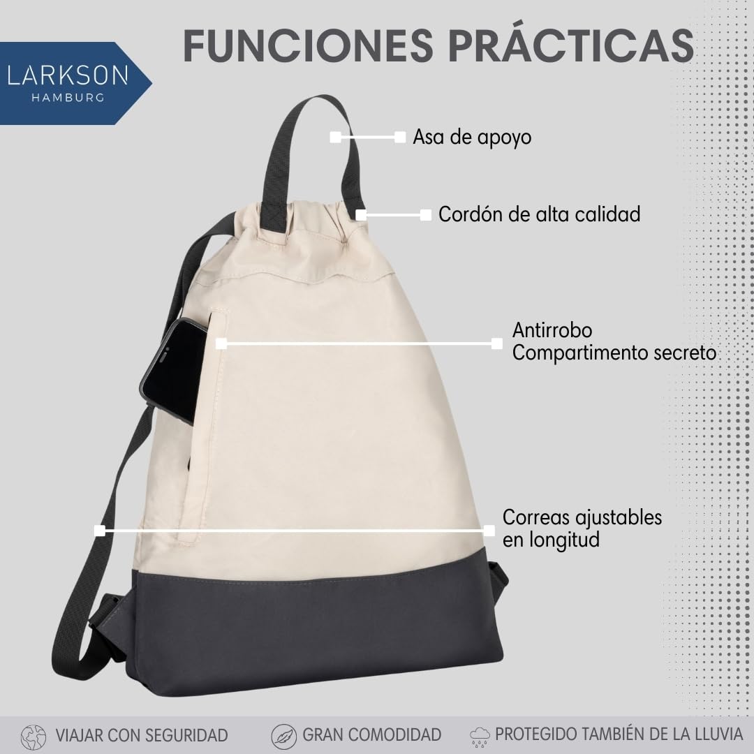 LARKSON Bolso de Deporte para Hombre y Mujer Beis Gris - No 7 - Bolsa para niños con Cordón - Mochila pequeña de tela para el Gimnasio - Material reciclado — view 4