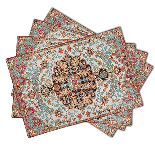 Image of Ethnic Boho Placemats Set of 4 Bohemian Carpet Vintage Black Coral Floral Linen Washable Kitchen Dining Table Mats Stain Heat-Resistant Desktop Decor Place for Home Party Indoor 12x18 in