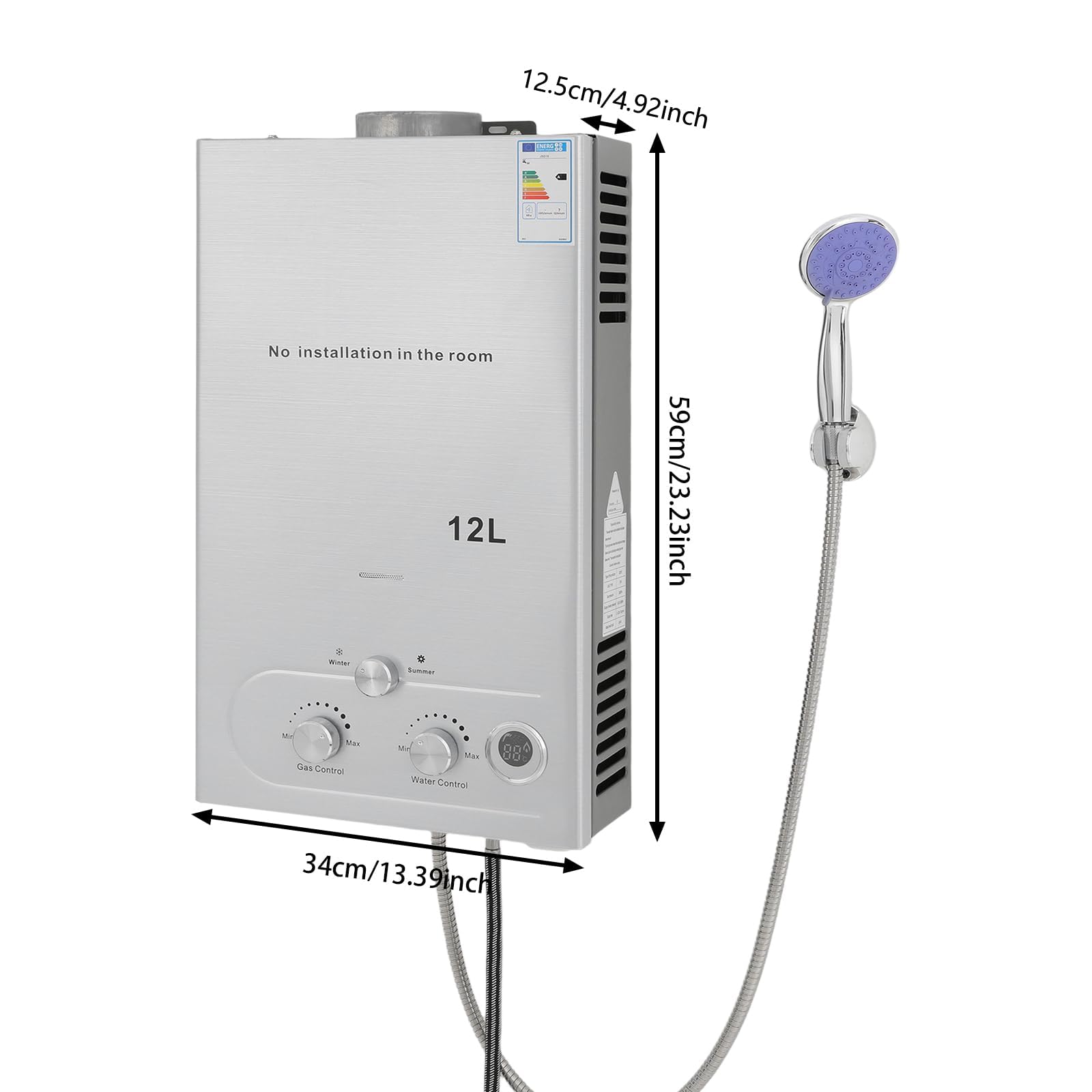 Calentador de agua de gas de 12 L LPG (24 KW), calentador de agua portátil con cabezal de ducha y manguera, eficiencia ≥ 80,8% para camping y caravanas, presión de arranque de 0,15 bar