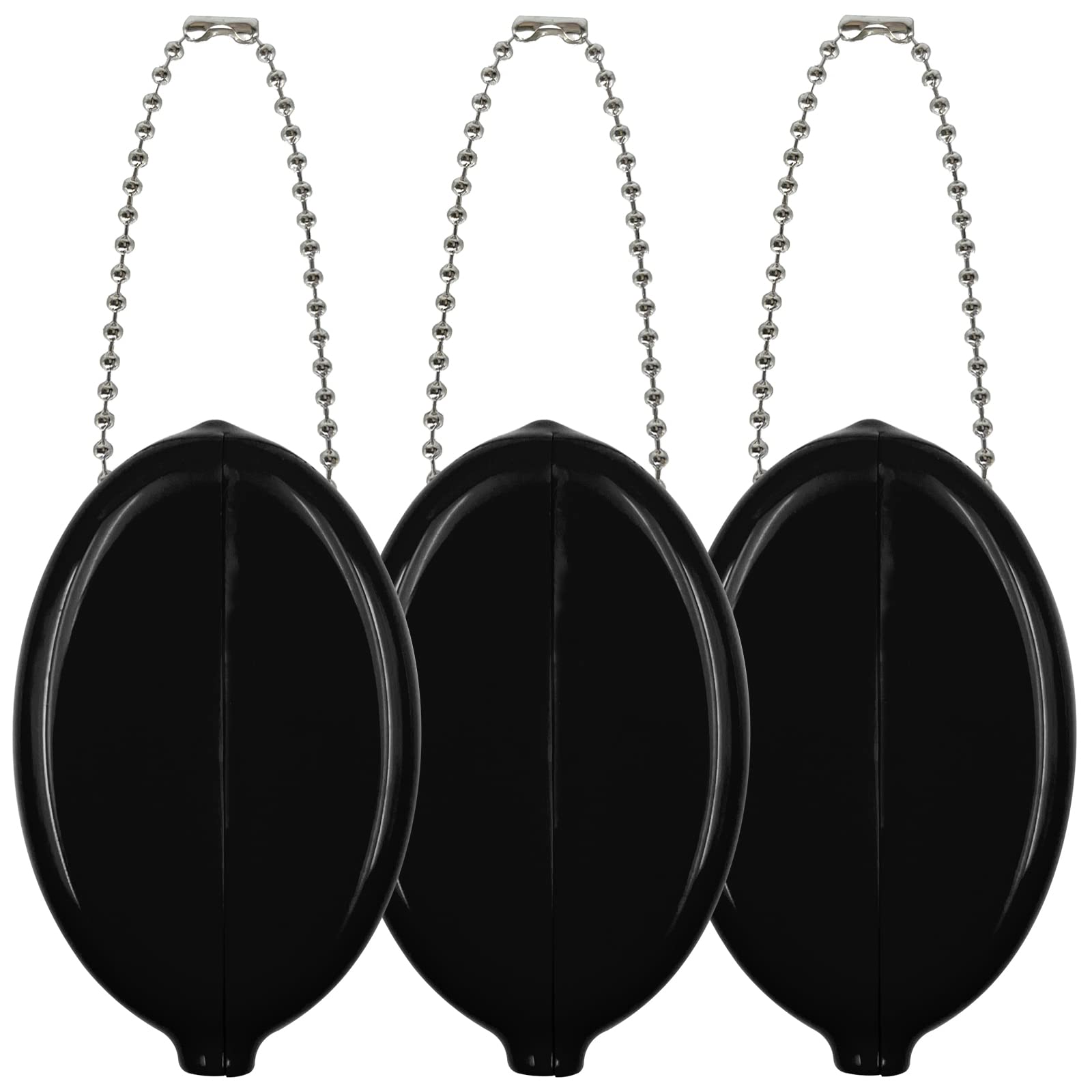 DEEZOMO 3 Pieces Rubber Coin Purse, 2 x 3 Inches Oval Squeeze Coin Holders With Chain for Women Men Travel (Black 3 Pack)