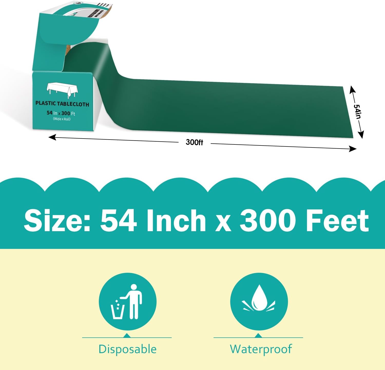 54 Inch x 300 Feet Dark Green Plastic Tablecloth Roll Disposable Table Cloth with Cutter Box Plastic Table Cover for Party - Image 2