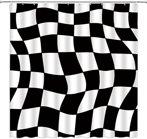 Miniatura 2 de Cortina de ducha a cuadros en blanco y negro, retro, estética, abstracta, de los años 60 y 70, tela hippie para decoración del hogar, juego de