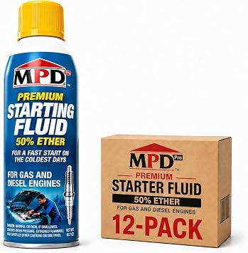 MPD Pro Starter Starting Fluid Spray Premium 50% Ether Formula for Fast Cold Starts Works to -65F Gas & Diesel Engines Upper Cylinder Lubrication 10.7 oz 12-Pack