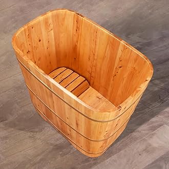 Wooden Free Standing Bathtub Lit for Small Bathroom, Japanese-Style Tradtional Deep Soaking Tub for Adults, Compact Bathtub for Dorm/Spa, Removable Bathtub with Wooden Tub Tray,90cm/35.43in [Energy Class A]
