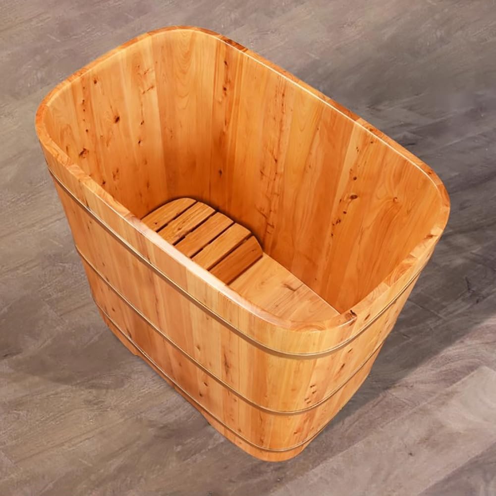 Wooden Free Standing Bathtub Lit for Small Bathroom, Japanese-Style Tradtional Deep Soaking Tub for Adults, Compact Bathtub for Dorm/Spa, Removable Bathtub with Wooden Tub Tray,80cm/31.5in