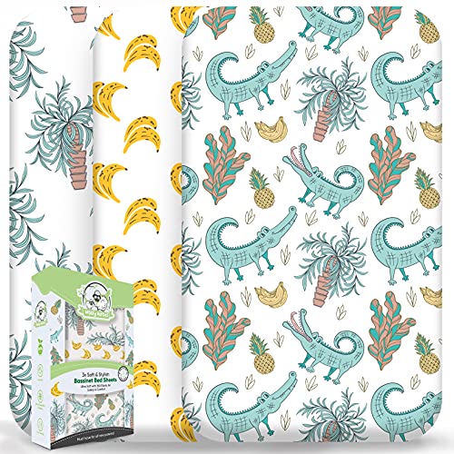 Image of Wooly Heroes Baby Bassinet Sheets, 3 Pack ~ Premium Organic Jersey Cotton Material ~ Fits All Bassinet Mattress Shapes - Comfort + Safety - Safari Nursery Decor for Baby Girl & Boy (Croc)