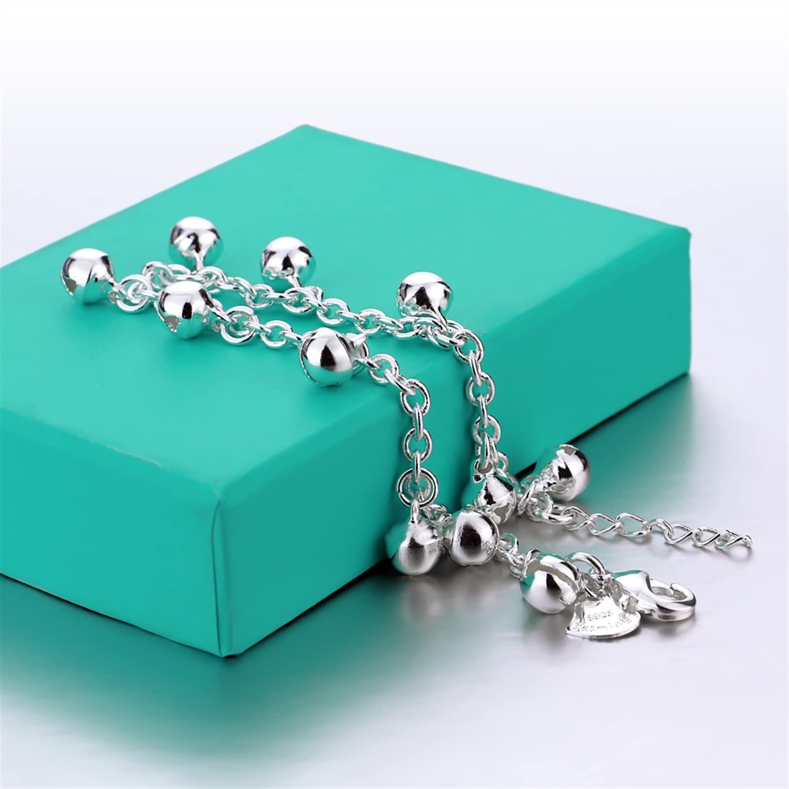 Braccialetti alla caviglia Moda Ragazza carina Cavigliere a campana Donne Catene in argento massiccio 925 Contratte Cavigliere a sfera da 26 cm. Cavigliere da donna con gioielli in argento s