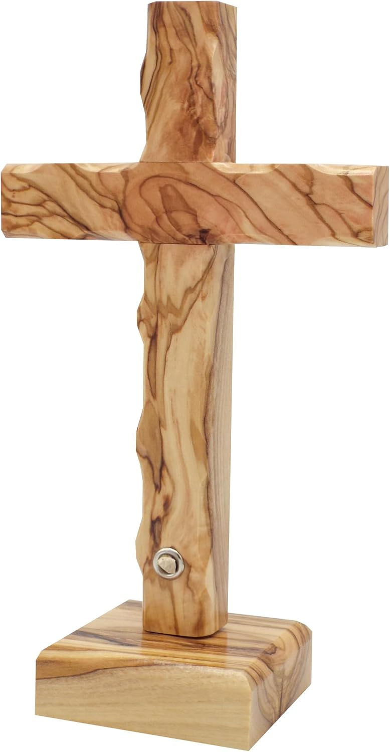 King David Market Olive Wood Standing Table Cross (8 Inch), Plain Wooden Altar Cross with Decorative Natural Stone from Jerusalem, Handcrafted in the Holy Land