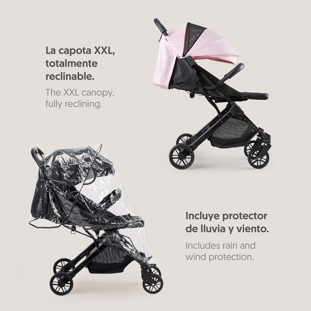 Interbaby Silla de Paseo Ligera y Compacta, Carrito Bebé Plegado Automático, hasta 22 kg, desde Nacimiento, Reclinable, Capota XXL, Suspensión, Cochecito Bebé Viaje Cabina (MIN SPACE PLUS Rosa)