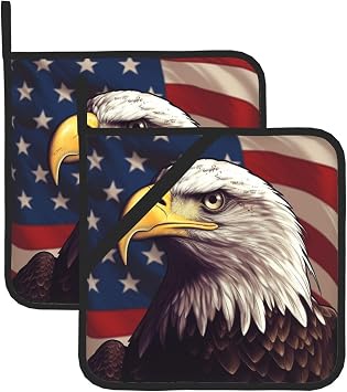 2Pcs Pot Holders with Pocket, Heat Resistant Hot Pad for Countertops, Oven Mitts Coaster USA Flag and Eagle Potholders for Kitchen Cooking Baking Trivet 8 inch Oven Potholder Pad