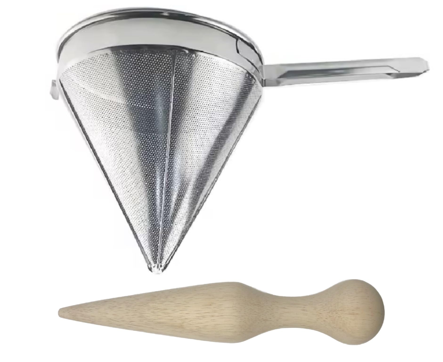 18/8 Stainless Steel Fine Mesh China Cap Strainer, 8 Inch with Wooden Cone-Shaped Pestle - Easily Separates Pulp & Seeds from Fruits and Vegetables to Create Silky Smooth Soups, Stocks