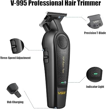 VGR 995 Professional Hair Trimmer for Men, Zero Gapped Barber Edgers, Portable Cordless Mens Beard Trimmer Clipper with 4 Guide Combs, USB Rechargeable
