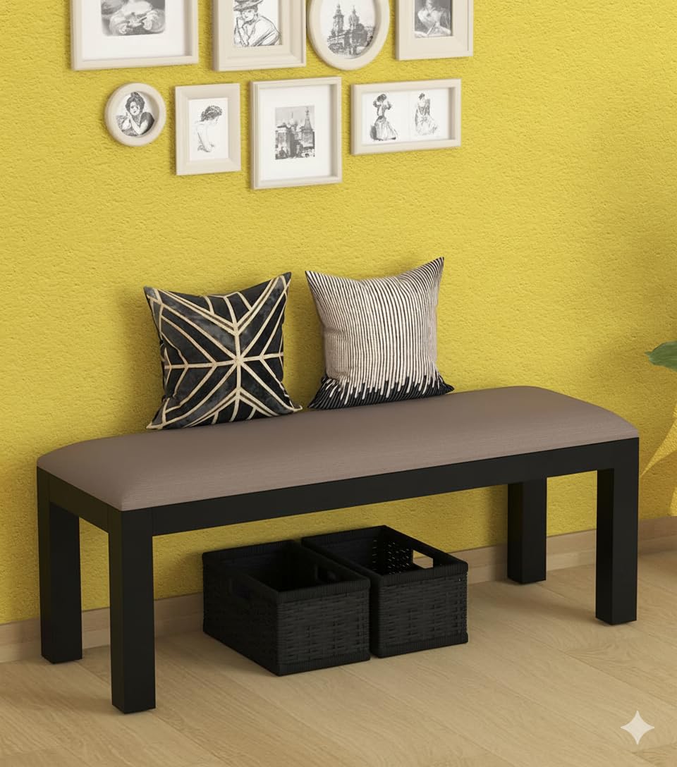 Streema art Upholstered Dining Bench with Padded Cushion, Brown Wood Frame, Beige Fabric Seat (Beige -3)-picture-12