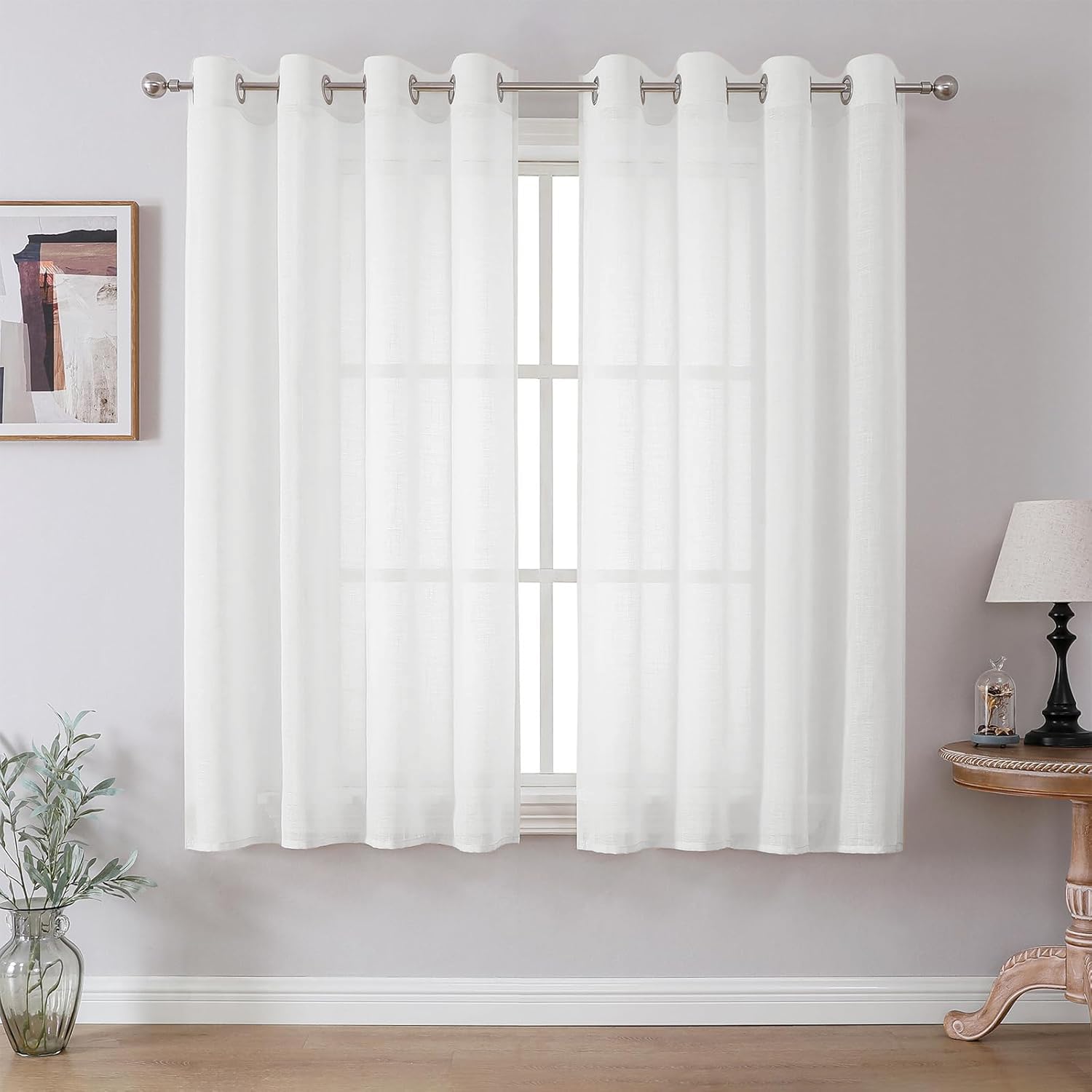 CUCRAF Leinenoptik Voile Vorhänge mit Ösen Gardinen Wohnzimmer Schlafzimmer, Off White, H160 x B140cm 2er Set