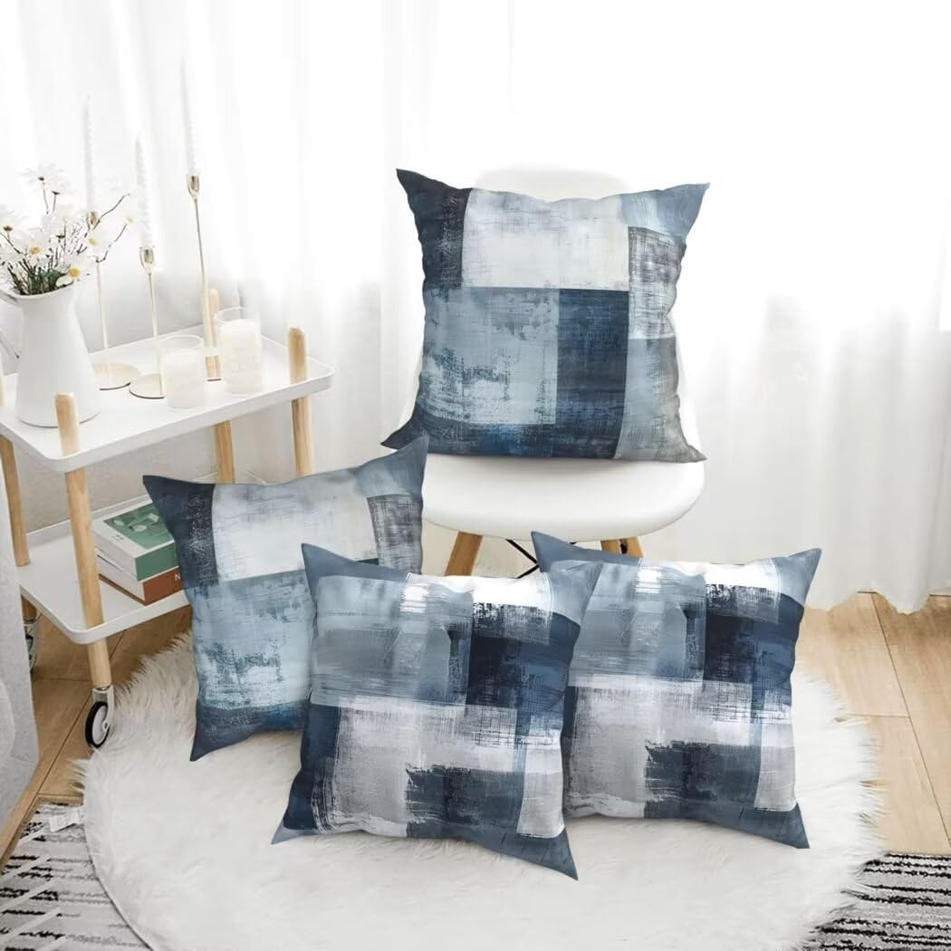 Kissenbezug 50x50 4er Set Leinen Kissenbezüge Blau Dekorative Sofakissen Zierkissen Vintage Couchkissen Outdoor Kissen Zierkissenbezüge Deko Kissen für Sofa Schlafzimmer Wohnzimmer Balkon -LI642