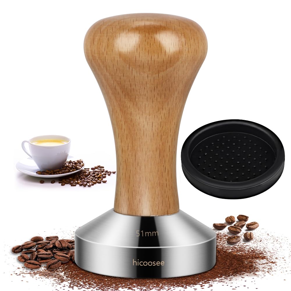 Tamper do espresso, 51 mm, Tamper do kawy ze stali nierdzewnej z eleganckim uchwytem z prawdziwego drewna , do ekspresu do kawy, sitko