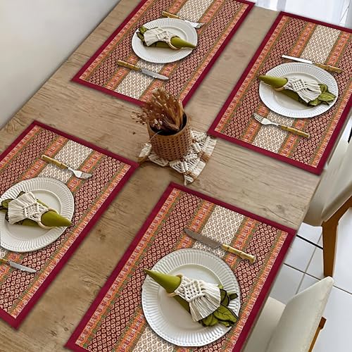 Image of Table Mats Set of 4 Handmade Reversible Heat Resistant | River Grass Dining Placemats Zero Plastic | Natural Madurkathi Eco Friendly | Rustic Boho Dcor | Sangreal Maroon Four Mats