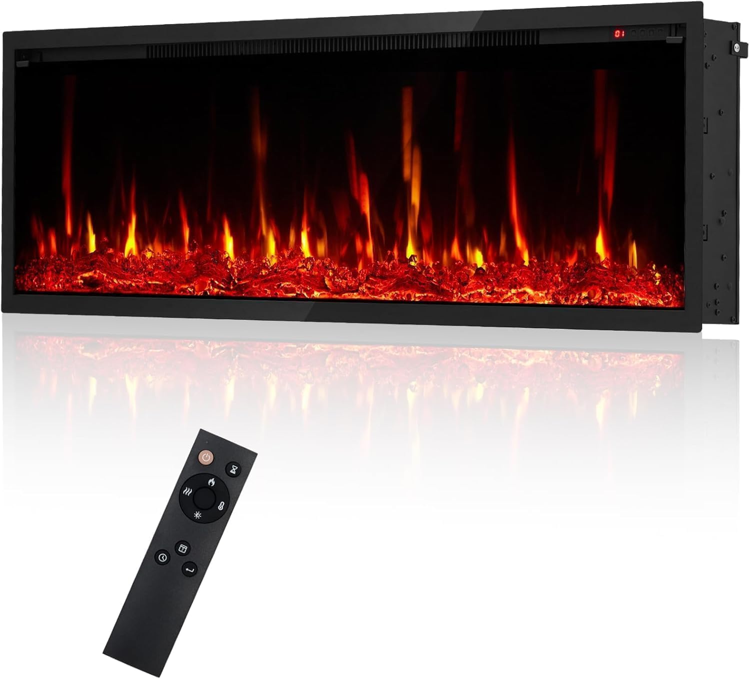 - Slim 50" Electric Fireplace with Multi-Color Flames, Remote & Touch Control, Dual Wattage Heater, Recessed/Wall Mount, Timer Function, Automatic Shut-Off