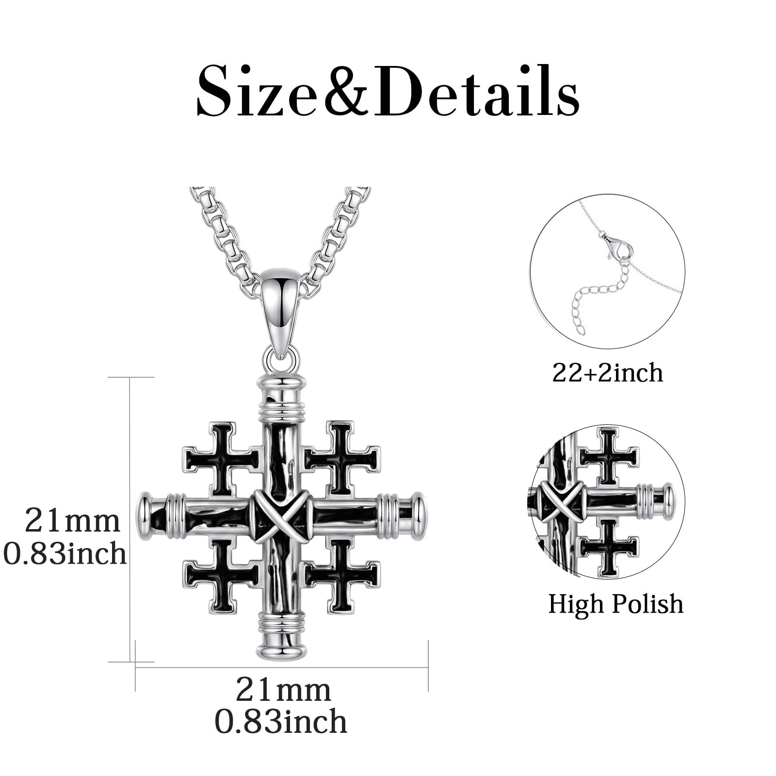 Jerusalem Kreuz Halskette für Männer 925 Sterling Silber Nagelkreuz Anhänger Kette Kreuzfahrer Jerusalemkreuz Schmuck Geschenke für Vater Ehemann Bruder