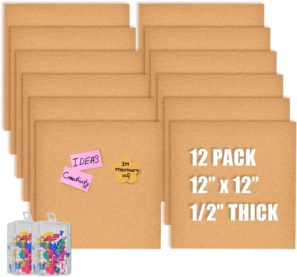 12x12 Cork Board Tiles Bulletin Board, 1/2" Thick Small Square Cork Boards for Walls, Self-Adhesive Cork Tiles for Home, Office, School, Bulletin Board Decorations(12mm,12pc)