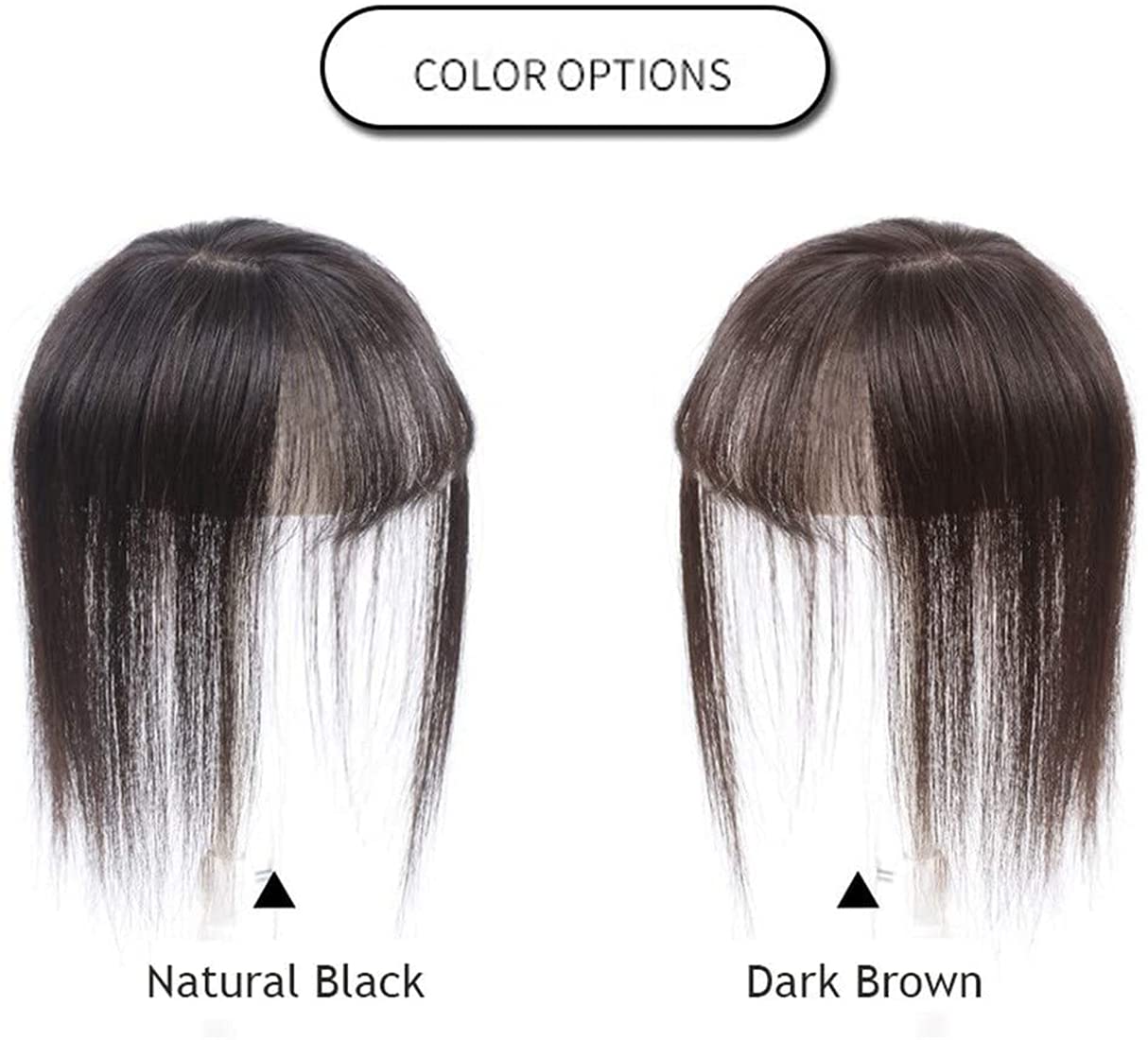 Straight Human Hair Topper with Bangs Fringe Extension 3x4 inch Silk Invisible Topper Wiglet Hairpieces for Women, 6" Dark Brown