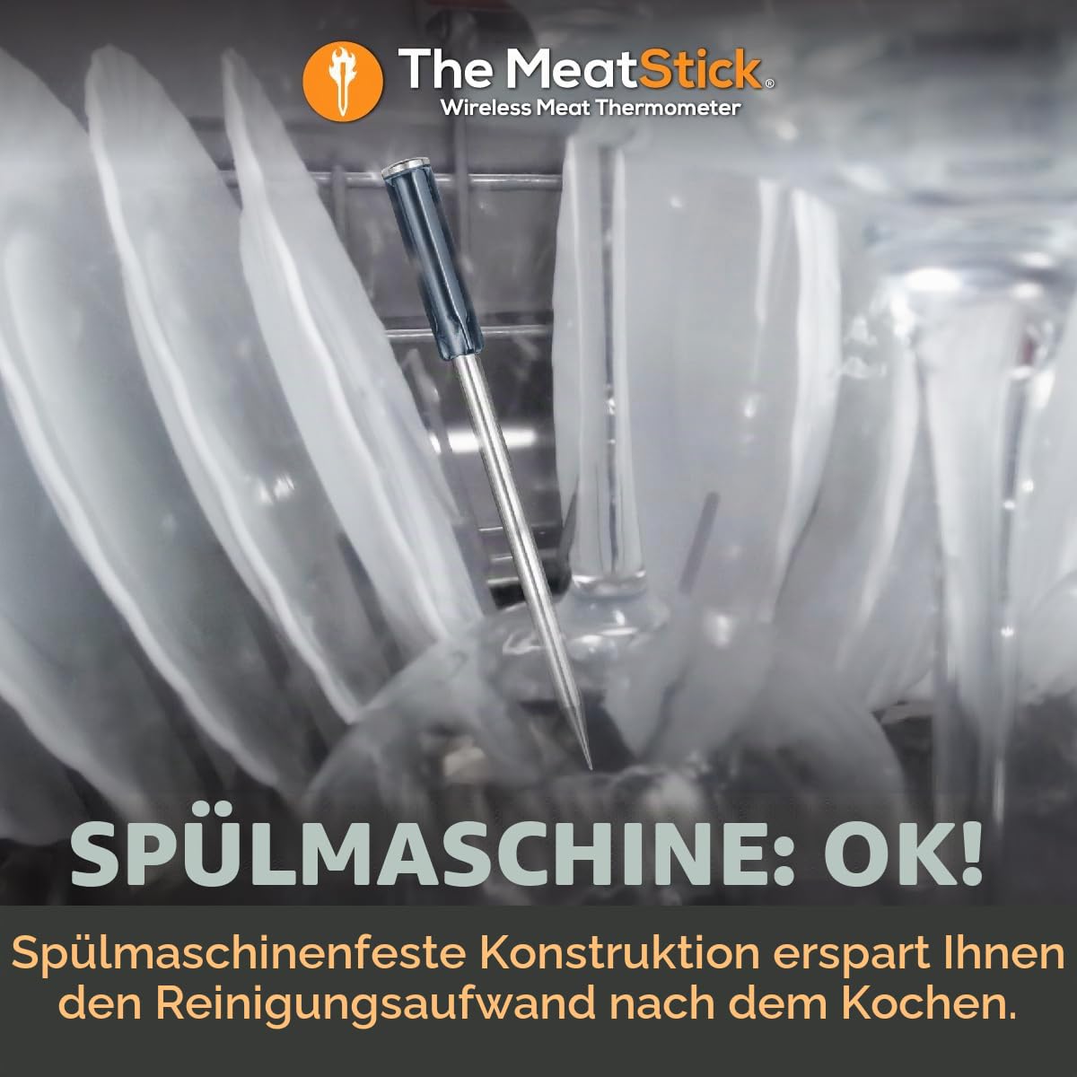 The MeatStick Thermometer mit App I kabelloses Fleischthermometer mit 10m Reichweite I präzises Temperaturmessgerät bis 300°C I Grillthermometer mit 92mm Temperaturfühler inkl. Xtender-Ladegerät