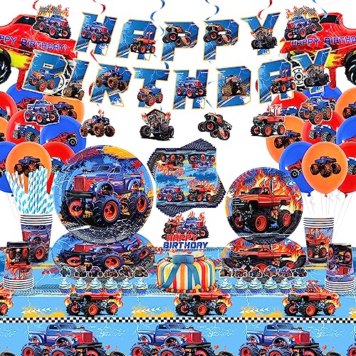 LSJDEER Monster Truck Birthday Party Supplies, Monster Truck Party Decorations Set Including Banner, Plates, Cups, Napkins, Tablecloth, Balloons for Children Birthday Party