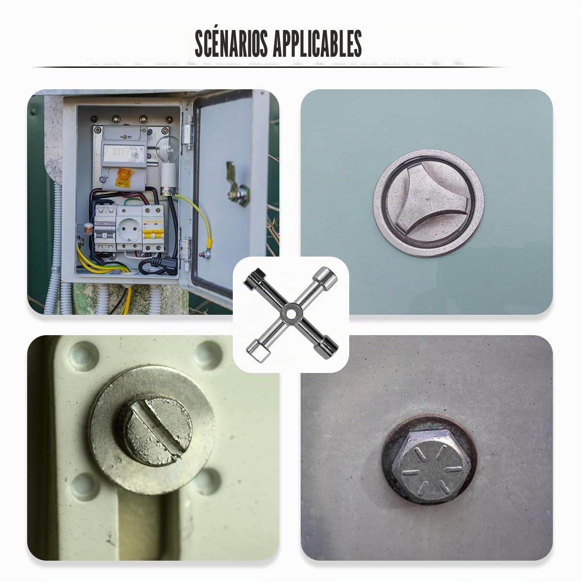 Lot de 9 clés universelles, triangulaires, carrées, clés rondes pour robinet, radiateur, poubelle, compteur d'électricité et d'eau, armoire de contrôle, clé à 4 voies incluse
