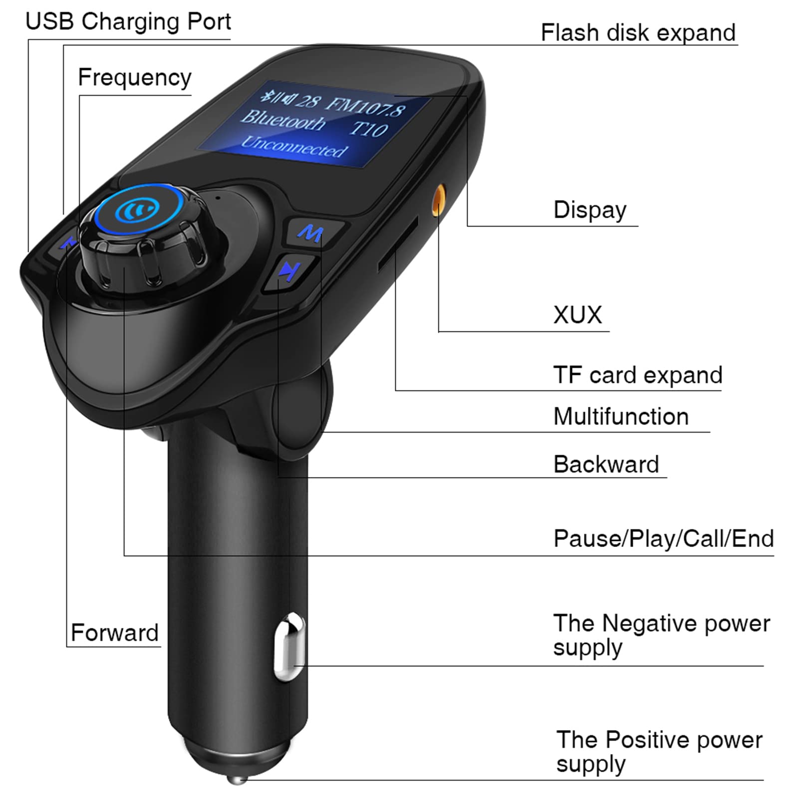 T11 Trasmettitore FM Bluetooth Auto Wireless Kit Vivavoce MP3 Player con Ricarica USB 5V 2.1A AUX In Out per Chiamate Musica Guida Quotidiana