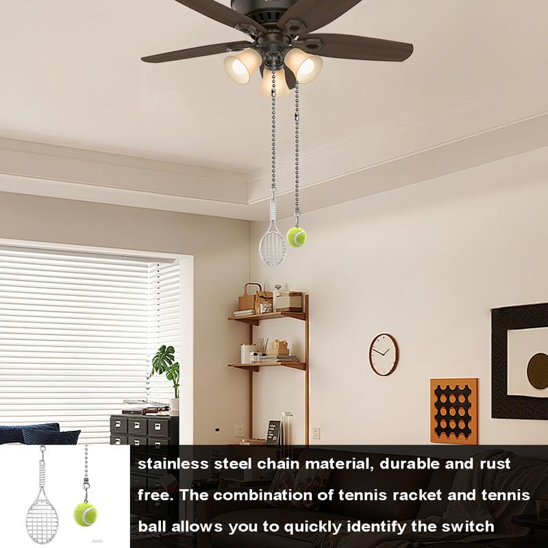 Image of 2pcs Ceiling Fan Pull Chain Ornament, 12 inch Ball Chain Tennis and Racket set Fan Light Pulls for Kid Room Decorative Extension,Sliver Chain