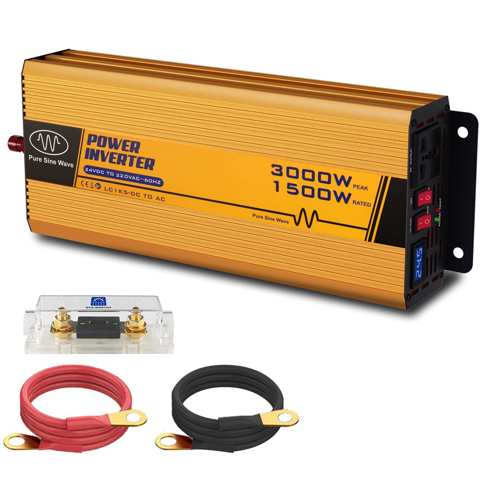 ECO-WORTHY Inverter Solare 1500W 24V DC-24V AC-220V, Onda Sinusoidale Pura di Picco 3000W per Auto/Camper/Casa/Sistema Solare Off-Grid