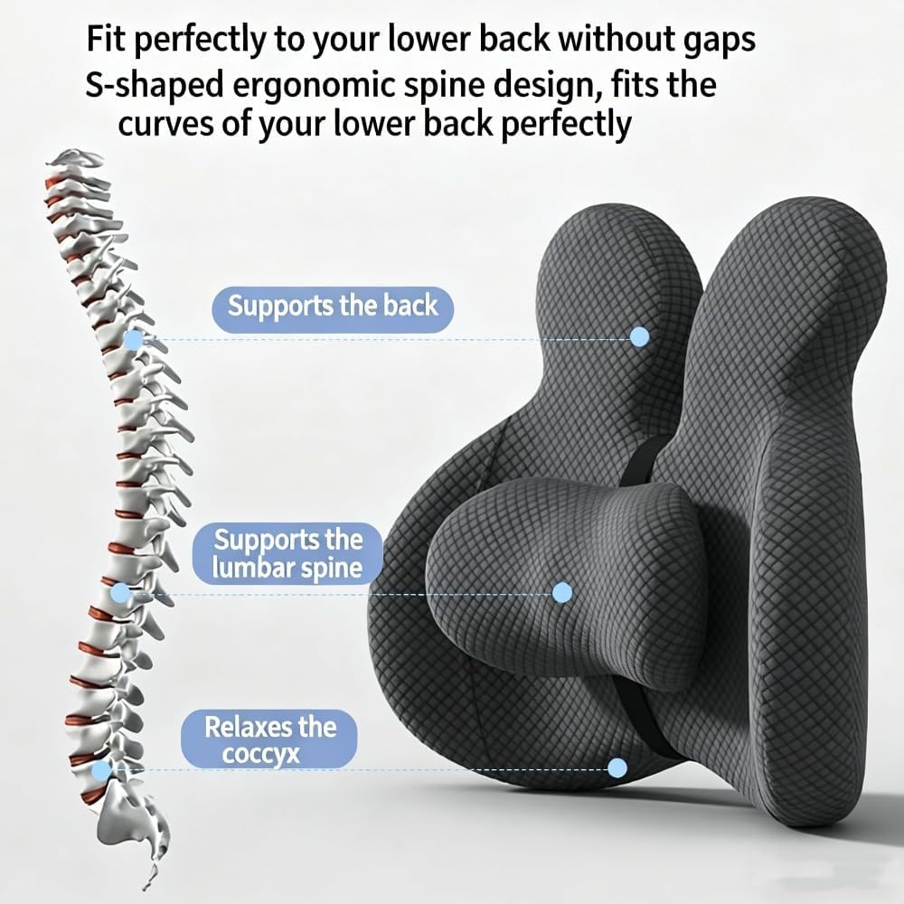 Juego de cojín de espuma viscoelástica y almohada de apoyo lumbar para silla de oficina, coche, juegos y silla de ruedas, alivio del coxis y alivio del dolor de espalda