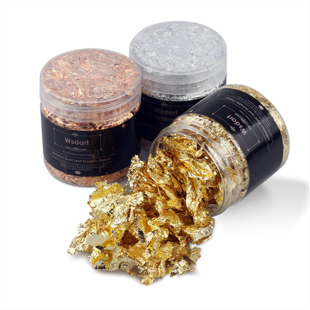 Wsdart Gilding Flakes Set - 15 Grams Color 2.5 Imitation Gold, Silver, Color 0 Real Copper Schabin Flakes, 3 Bottles Metallic Foil Flakes for Resin Art, Painting and Crafts, Nail Art 4