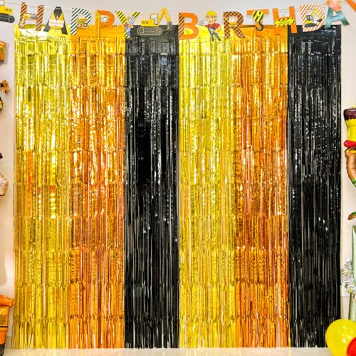Image of 4 Pack Construction Foil Fringe Curtain-13.2x6.6ft Yellow Orange Black Tinsel Backdrop, Construction Theme Party Supplies for Car, Truck, Caution Tape, Boy Birthday Decoration, Baby Shower