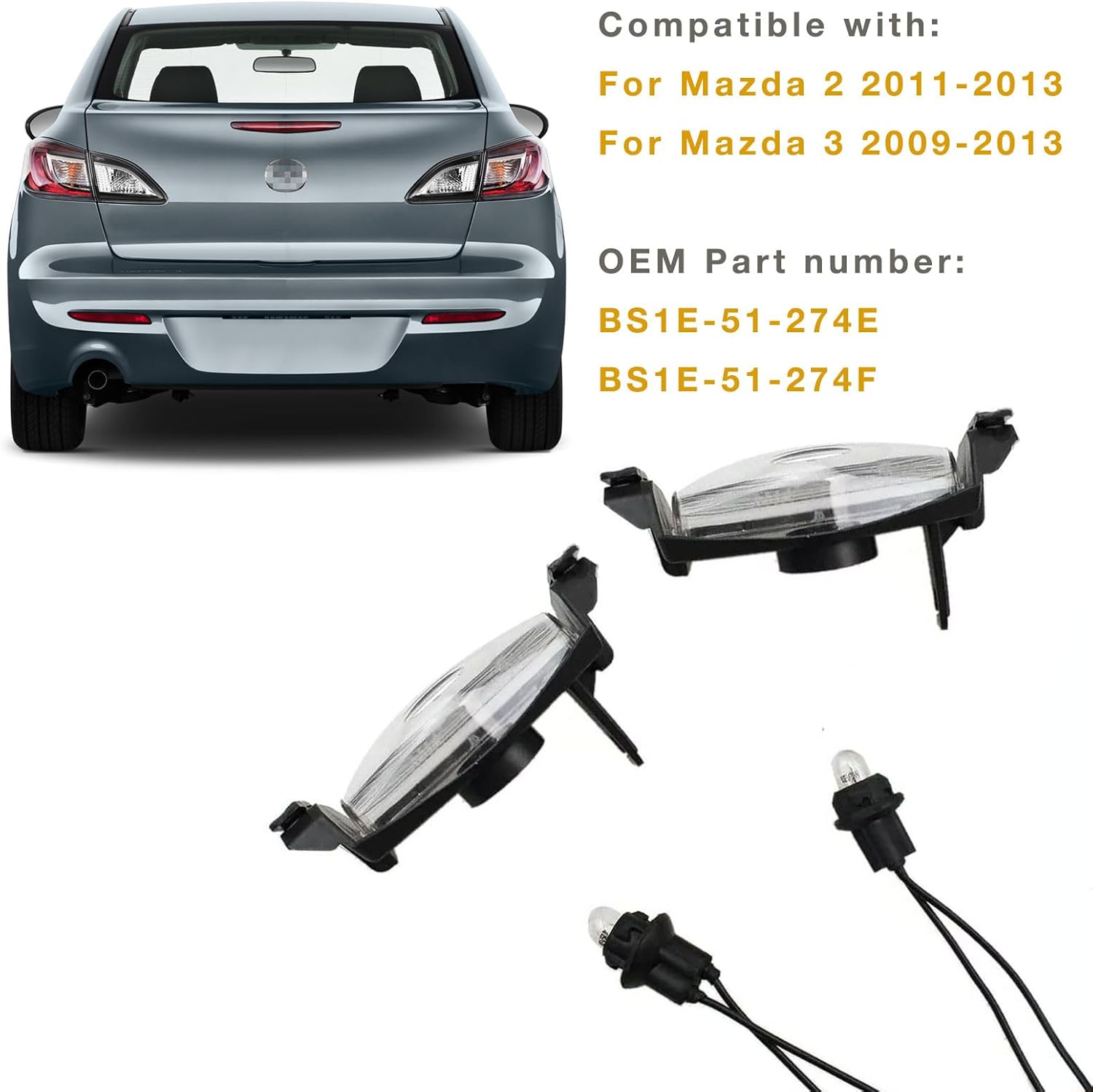 License Plate Lamp Light & Shell Cover for Mazda 2 2011-2013, for Mazda 3 2009 2010 2011 2012 2013 Rear Trailer Cargo White Lights Unit Clear Lens Replacement Pair 2pcs Set