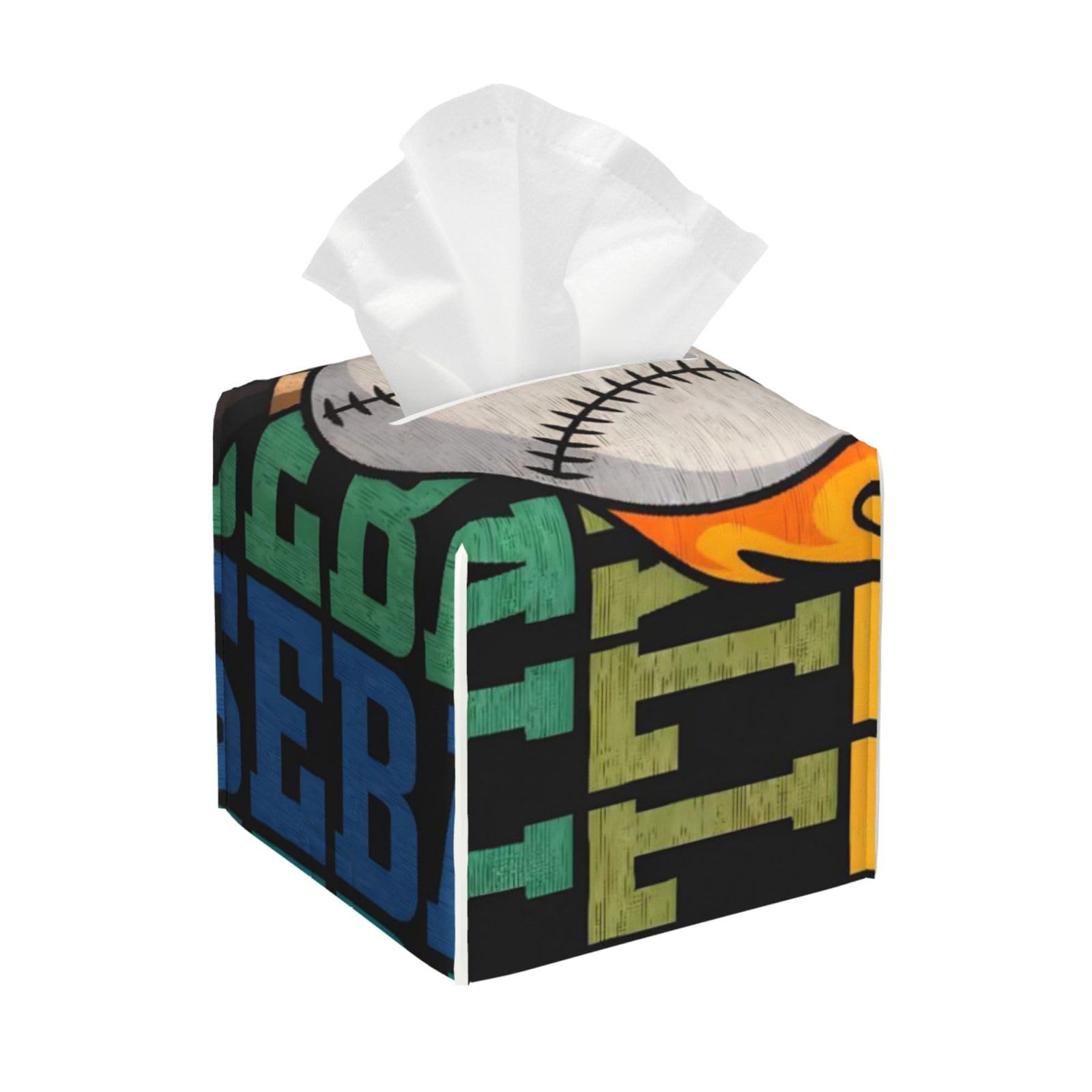 Colorful Baseball Fire Leather Tissue Box Cover Holder Square Facial Paper Organizer 5.2" X 5.2" X 5.2"