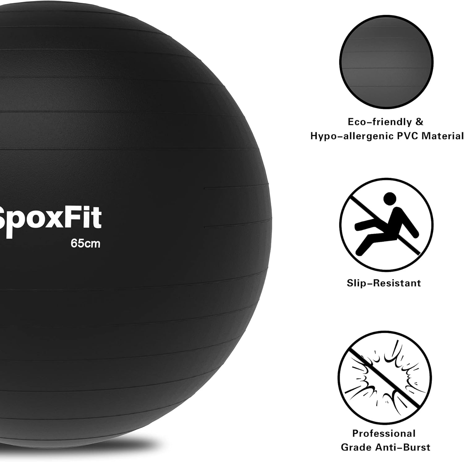 SpoxFit Exercise Ball, 65cm Anti-Burst Yoga Ball, Stability Fitness Ball for Birthing & Core Strength Training, Includes Quick Pump & Workout Poster-Black : Sports & Outdoors