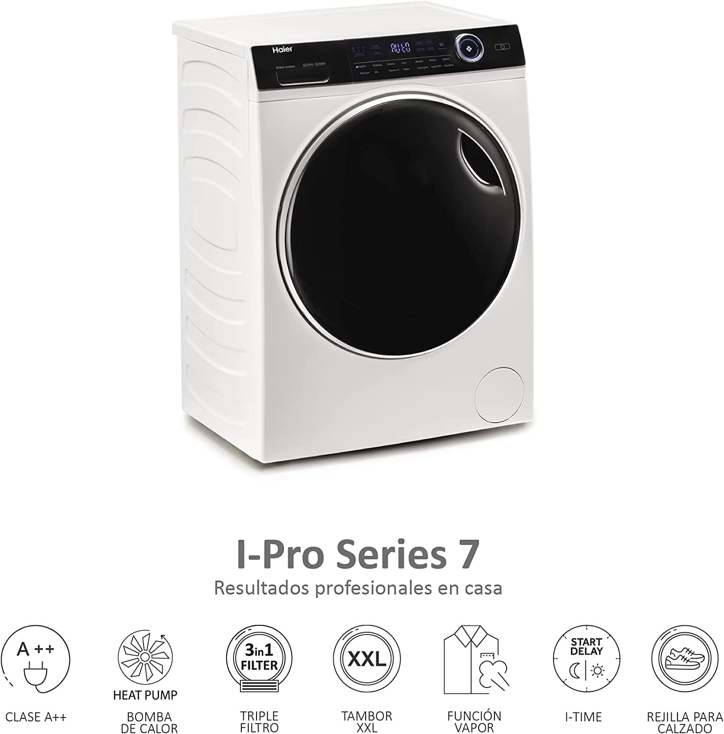 Haier I-PRO SERIES 7 - HD100-A2979-S, Secadora bomba de calor 10 kgs, Tambor XXL con led, 14 programas, i-Time, i-Refresh (microvapor), Antiarrugas, 67dba, A++