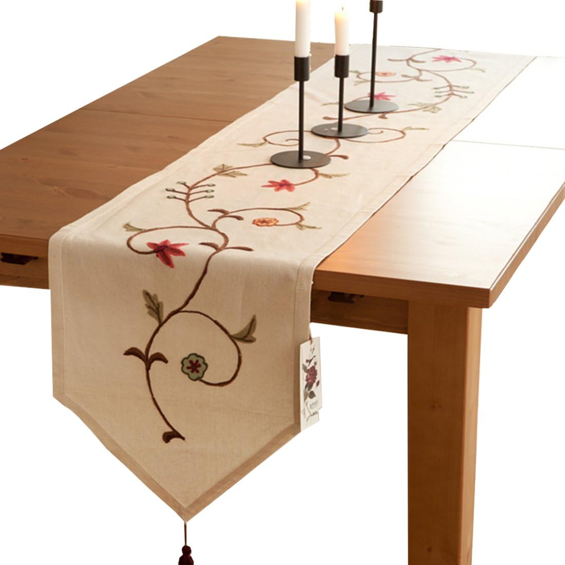 Ethomes floral embroidered linen cotton burlap beige 160 x 40cm table runner with tassles