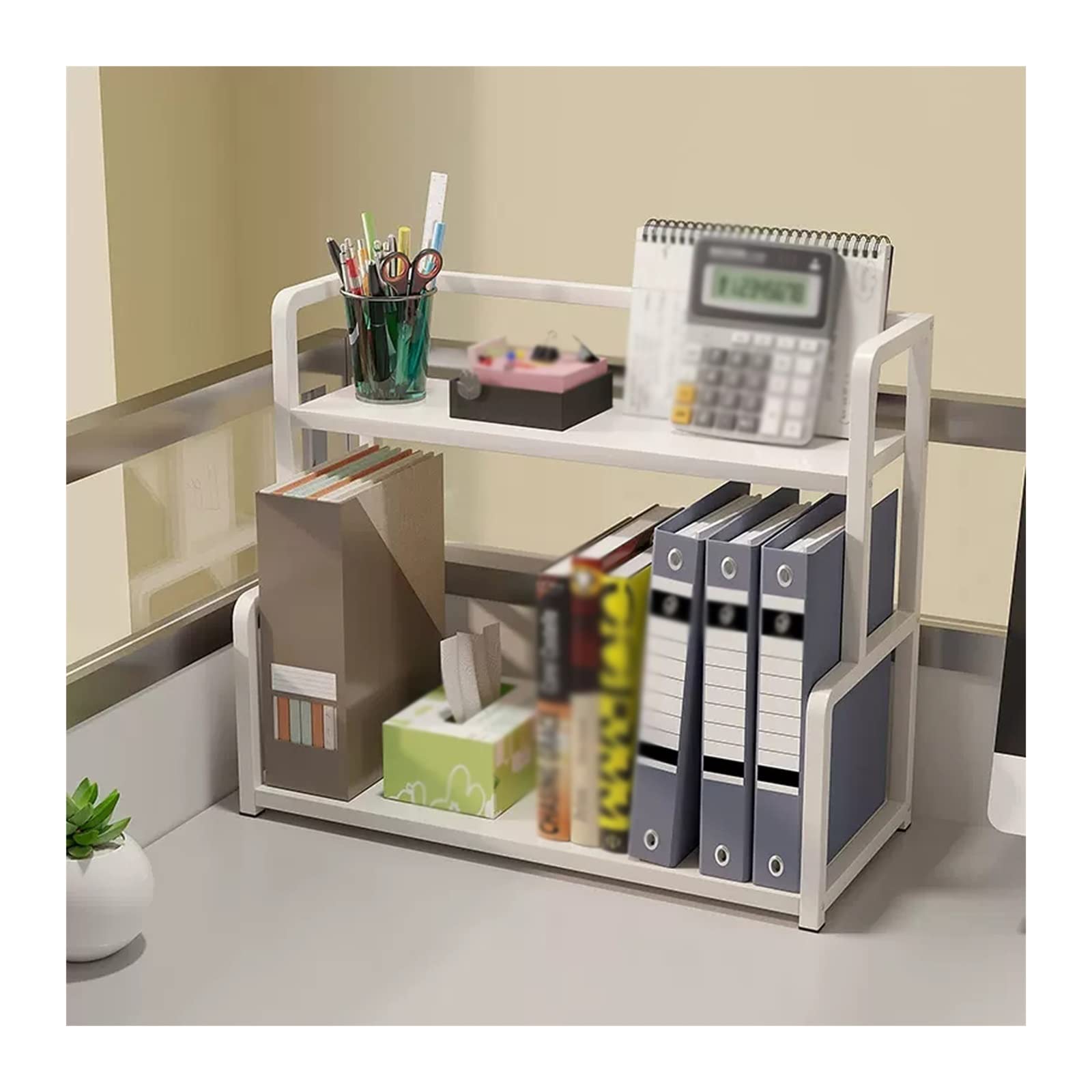 Bücherständer 2-lagiger weißer Schreibtisch-Organizer, Büro-Desktop-Aufbewahrungsregal, Metall-Display, Bücherregal, Ständer for Zuhause, Büro, Desktop-Aufbewahrung, Blaugrün Bücherregal(L35 x W22 x H