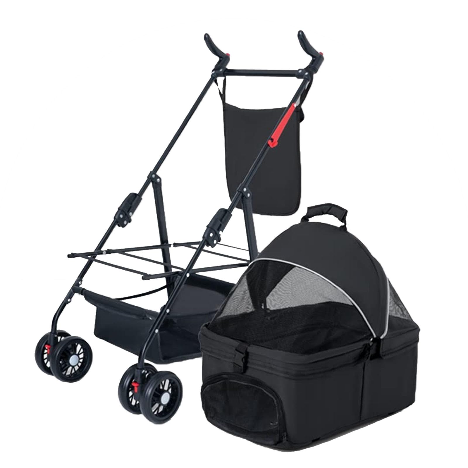 Passeggino per Cani 3 in 1, Passeggino Pieghevole per Animali Domestici con Cestino portaoggetti e Maniglia Regolabile, Passeggino da Jogging per Cani e Gatti,Nero