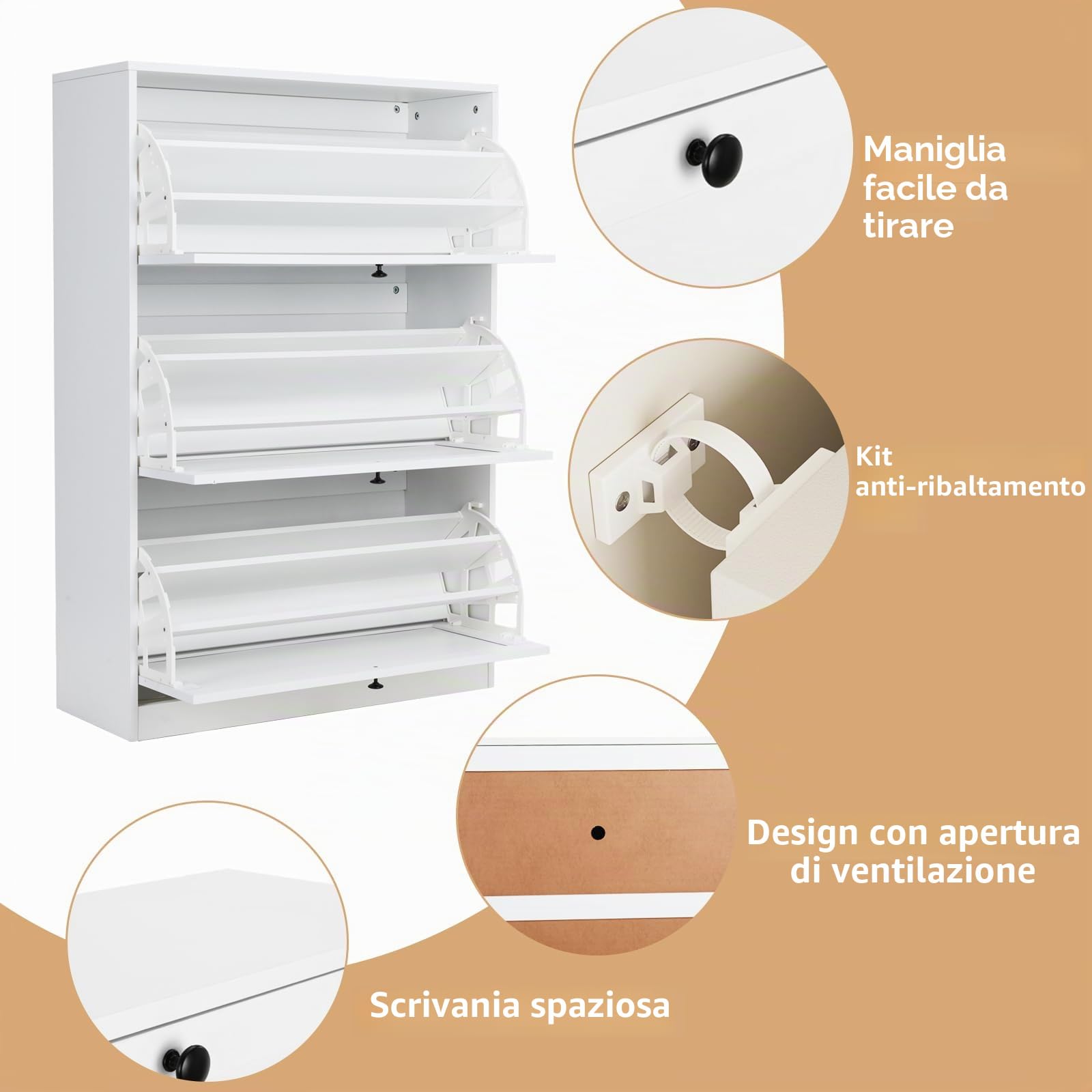 VOWNER Scarpiera Salva spazio Slim in Legno, Scarpiera Portascarpe in Legno, Regolabili, Con Anta a Ribalta Tripla e Tripla Profondita, 80x117x30 cm (LxAxP),Bianco