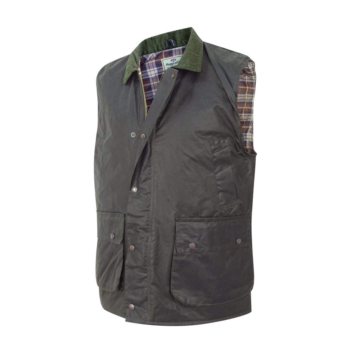 Hoggs of Fife Padded Waxed Waistcoat Olive - 420gsm Cupra medium weight cotton, Iconic quilted tartan lining with inside pocket