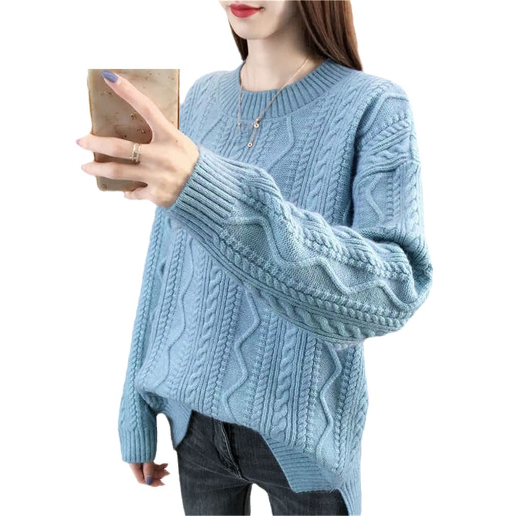 Kobiety jednolity kolor luźny sweter dzianinowy sweter swobodny dekolt O sweter z długim rękawem sweter sweter sweter sweter podstawowy sweter, Błękitny, XL