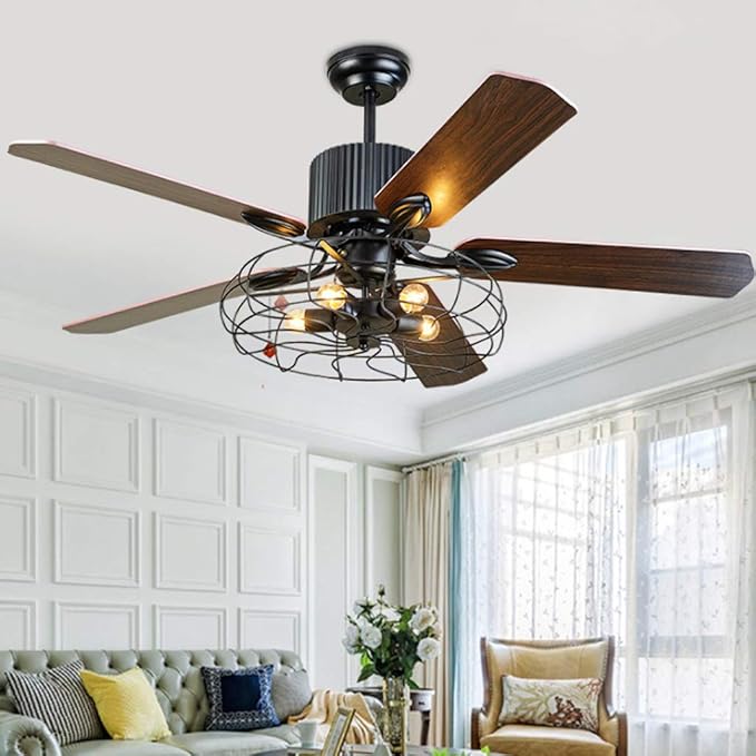 LONCHAN Retro plafondventilator met verlichting, E27 x 5, houten blad, plafondlamp, 3 standen, instelbare windsnelheid, met afstandsbediening, ultra stil, voor eetkamer, woonkamer, timing photo 2