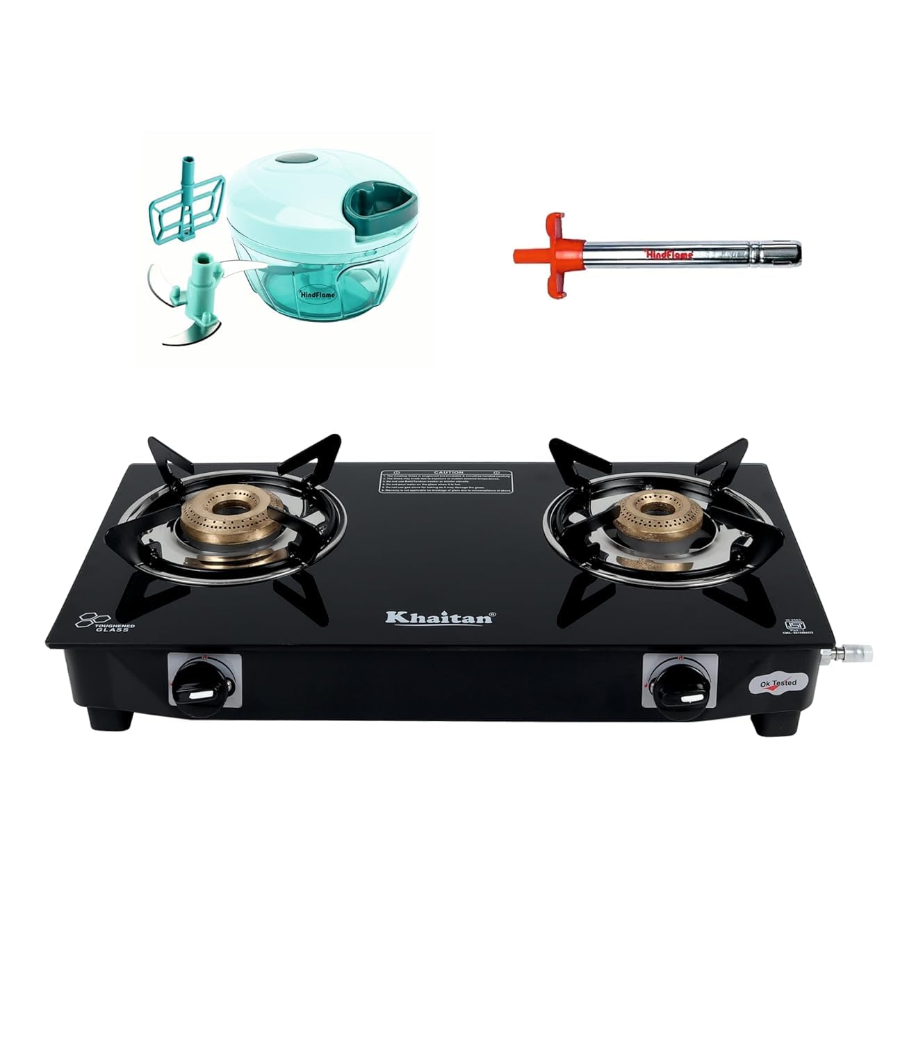 Khaitan Gas Stove Combo - One 2 Burner Nano Gas Stove + 1 Hindflame Gas Ligher + 1 Hindflame Chopper 500 ml, Toughened Glass
