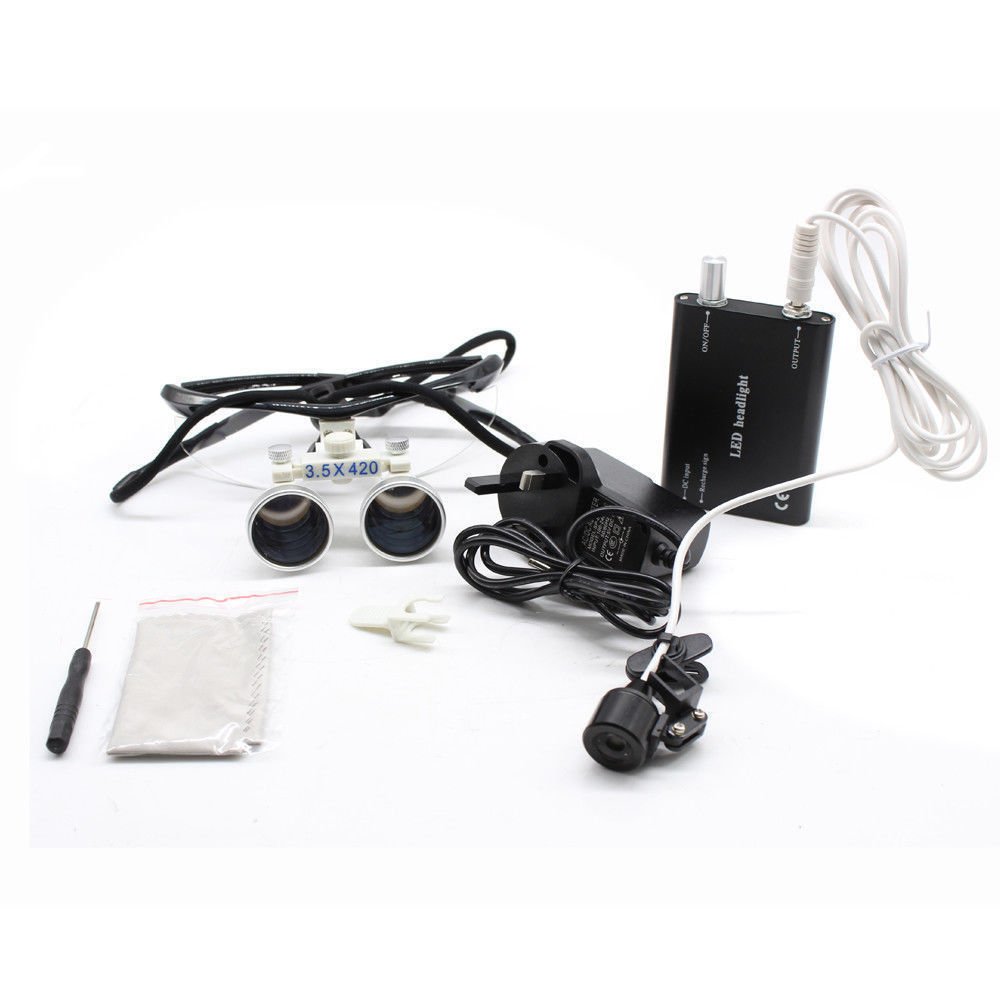 BoNew Dental Loupes Binokularlupen Kopflupe Lupenbrille LED Headlight Beleuchtung 3.5×420MM