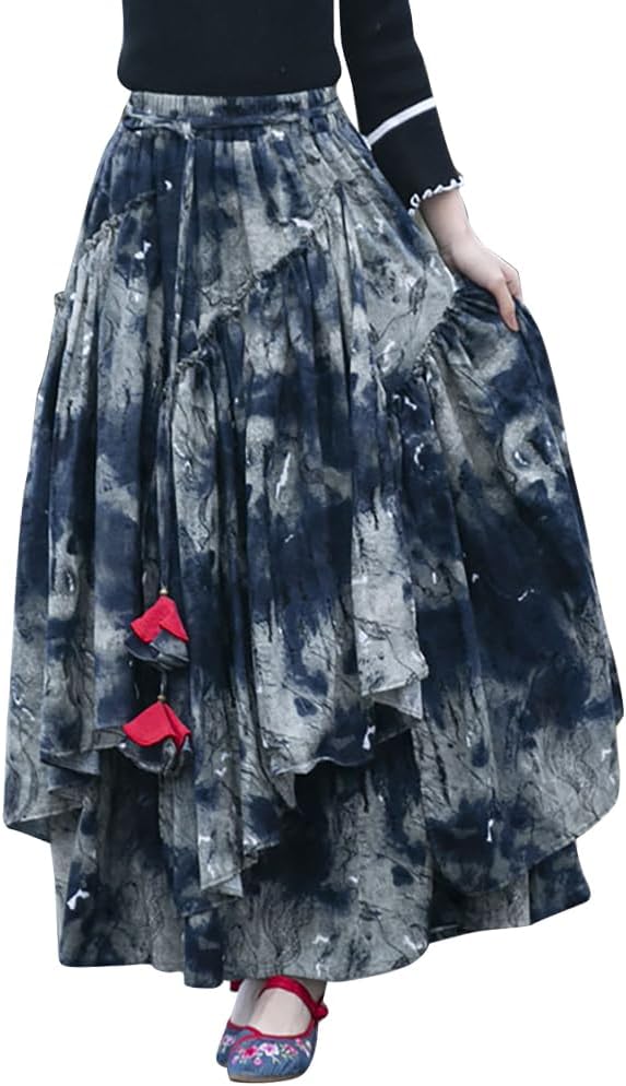 IDEALSANXUN Womens Elastic Waist Aline Cotton Lined Retro Maxi Hem Pleated Long Skirts